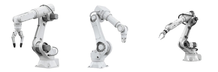 Set and collection of modern white industrial robotic arm machine isolated on white background
