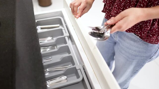 Person Sorting Stainless Steel Silverware into a Kitchen Cutlery Drawer Organizer