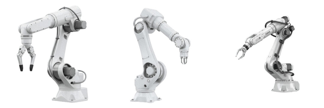 Set and collection of modern white industrial robotic arm machine isolated on white background