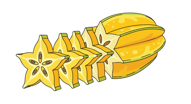 Fresh yellow starfruit slices and a whole carambola fruit illustration isolated on white background