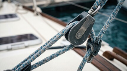 Close up of a sailboat pulley block and tackle system with nautical rope on a yacht deck, representing sailing maintenance, marine engineering, and maritime travel