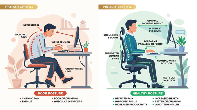 Ergonomic workspace posture comparison, healthy vs poor sitting habits at office desk, flat vector illustration of correct body alignment