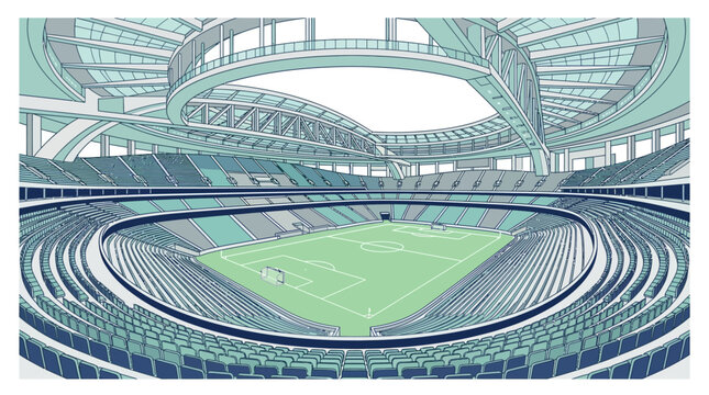 Modern architectural rendering of a massive circular sports stadium with seating.