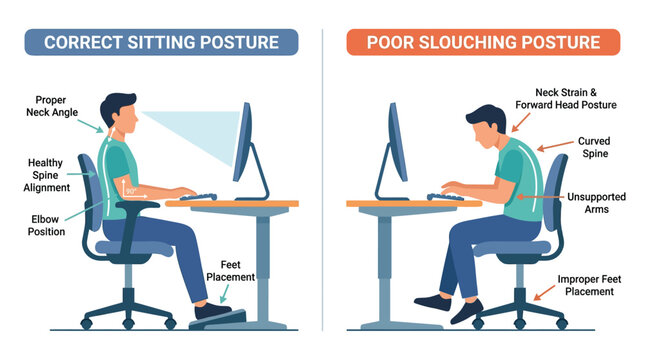 Correct sitting posture vs poor slouching posture infographic, ergonomic office desk setup vector, healthy spine alignment and neck angle diagram