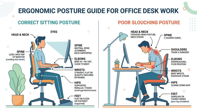Ergonomic posture guide for office desk work, correct sitting posture vs poor slouching posture infographic, healthy workspace vector illustration