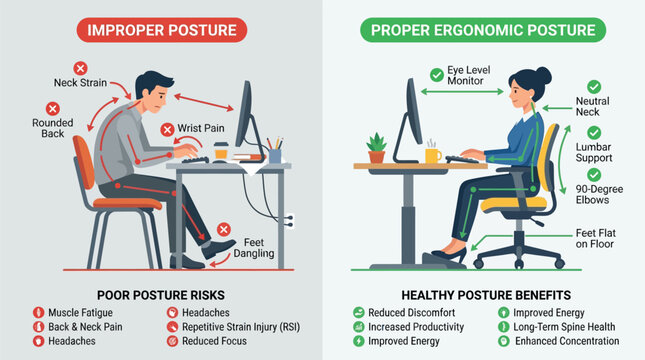 Ergonomic posture infographic comparing proper and improper sitting positions, healthy office desk setup for back pain prevention, workplace wellness vector
