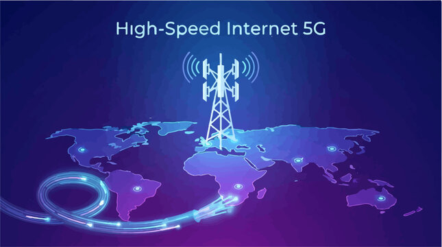 Global 5G network connection with fiber optic cables and cell tower
