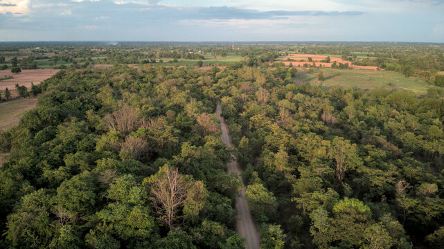 Sunset Aerial View at Chang Tok Tai Reservoir, Thepharak, Korat Thailand