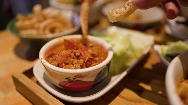 Dipping Crispy Pork Crackling into Northern Thai Nam Prik Ong Tomato Chili Dip