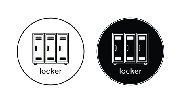 Gym locker storage unit icon set inside circle frame with line art and solid black styles for school gym or locker room interior design concepts