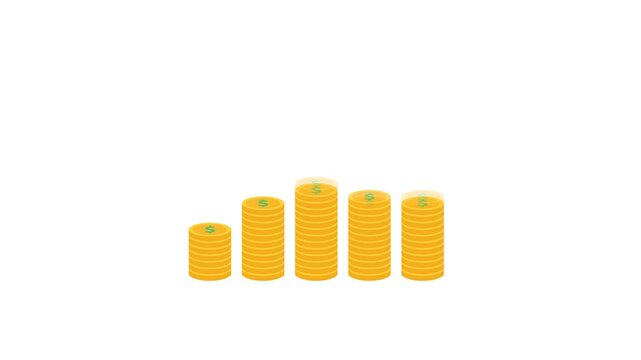 Animated Progress Growth Bar Chart Formed By Stacking Gold Dollar Coins With A Rising Upward Arrow Representing Financial Success Investment Wealth And Economic Prosperity
