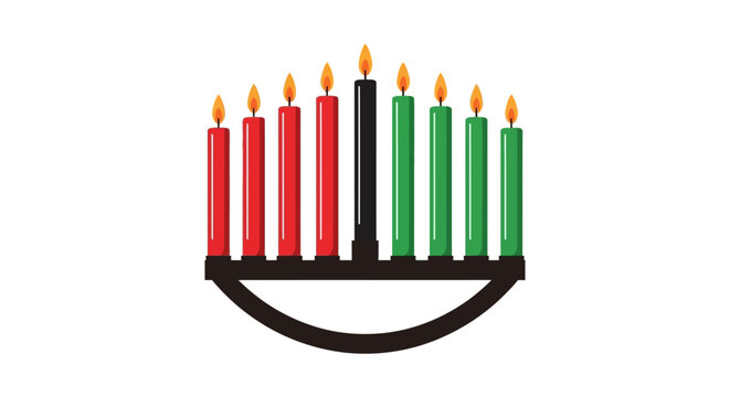 A colorful illustration of a kinara with lit red, green, and black candles.
