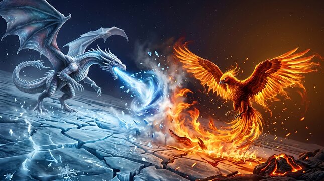Ice dragon fighting fire phoenix fantasy concept