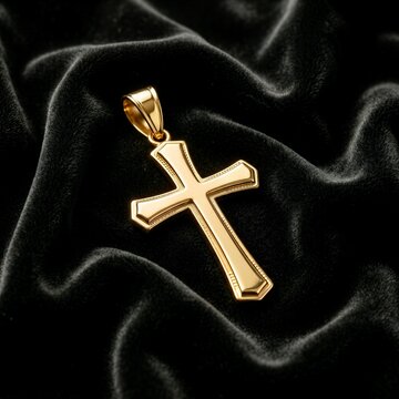 Golden cross pendant placed on a black fabric background during evening light for a jewelry display