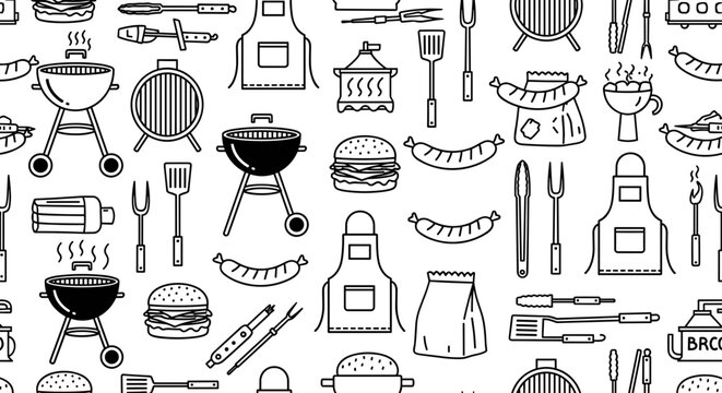 Seamless pattern of barbecue grill and cooking utensils hand drawn sketch style