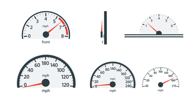Set of car speedometers and tachometers showing different speeds and angles