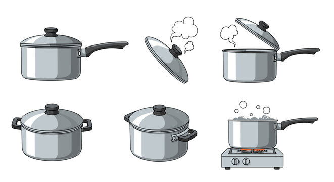 Collection of cooking pots and pans with lids and steam on a white background