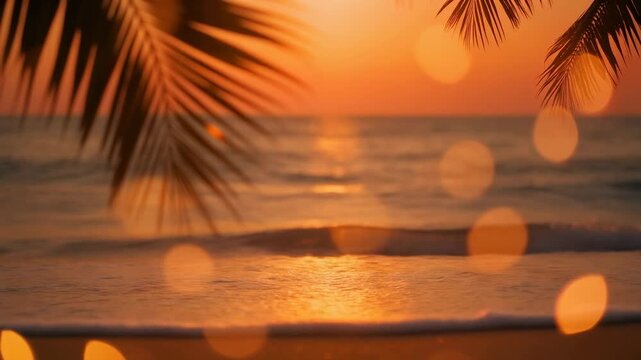 Tropical Sunset Beach with Palm Leaves and Golden Bokeh 4K Generative AI
