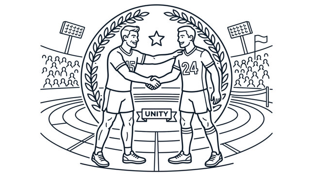 Two athletes shaking hands in a sports unity concept.