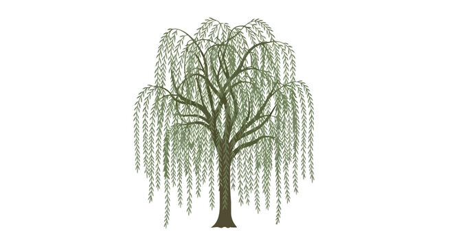Beautiful Green Weeping Willow Tree Illustration Isolated on White Background