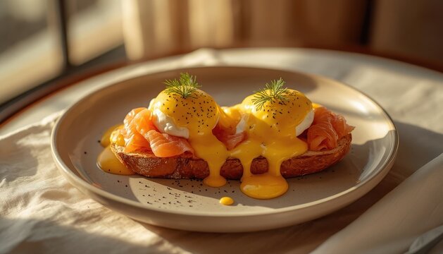 Elegant eggs benedict with smoked salmon and hollandaise sauce on toast fine dining food photography light meal food styling breakfast restaurant appetizer delicious appetizing preparation