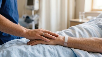 Obraz premium Compassionate male nurse holding hand of elderly patient in hospital bed, providing comfort and emotional support during recovery, healthcare empathy concept