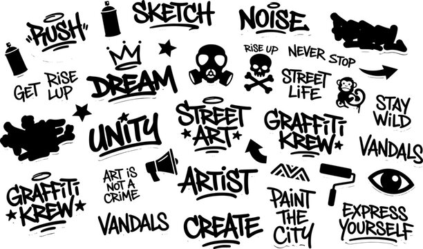 Street Art Element Set Featuring Urban Typography Words Spray Cans and Subculture Symbols Vector