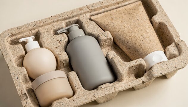 Medium frame of personal care products nestled in molded pulp paperboard inserts highlighting natural protective packaging replacing plastic foam liners.