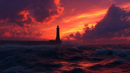 Fototapeta premium Lighthouse standing tall at sunset ocean.