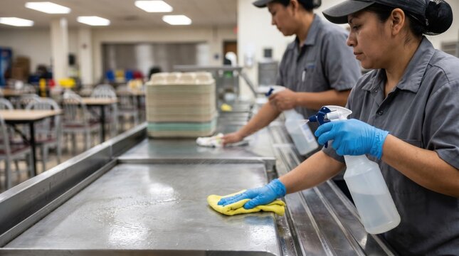 Medium shot showing crew sanitizing cafeteria cooking surfaces focus on spray bottle and cloth outoffocus trays and chairs in the background.