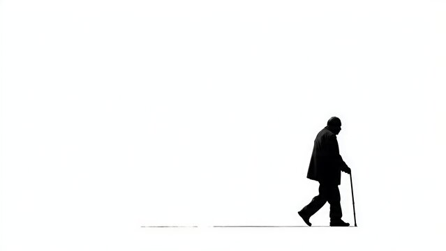 Lonely old man walking with cane.