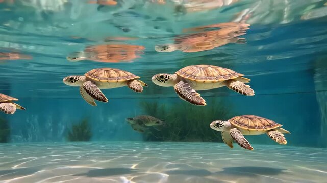 Sea turtle material swimming on the seabed Sea turtles swimming underwater