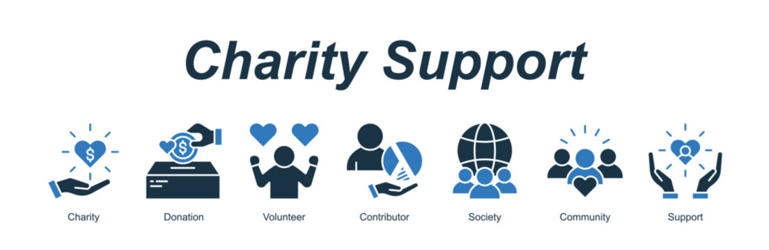 Charity Support web banner icon concept for with icon of Charity, Donation, Volunteer, Contributor, Society, Community, Support.