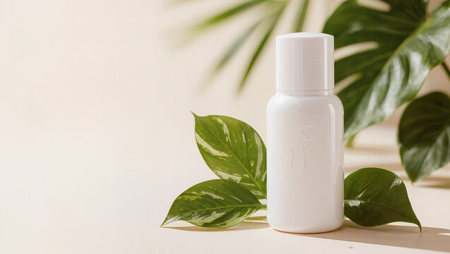 Premium minimal white cosmetic bottle mockup with monogram logo and tropical leaves on beige background, elegant natural beauty product concept, editorial beauty photography with copy space