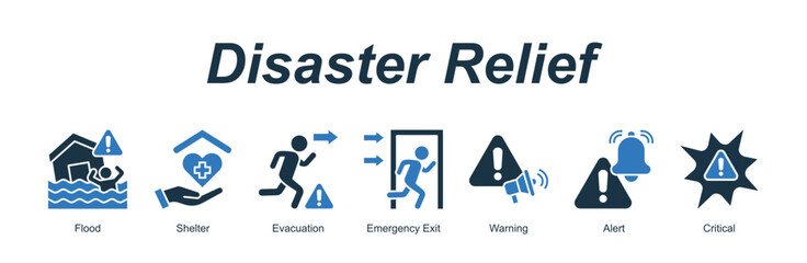 Fototapeta premium Disaster Relief web banner icon concept for with icon of Flood, Shelter, Evacuation, Emergency Exit, Warning, Alert, Critical.