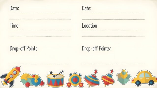 Delightful Toy-Themed Event Details Card Template for Kids' Birthdays and Playdates, Featuring Fun Retro Illustrations and Customizable Fields