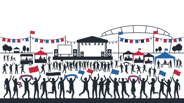 Silhouette illustration of a music festival crowd with stage and banners.