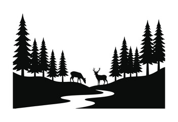 Obraz premium Forest silhouette with deer and pine trees. Christmas tree with reindeer and deer.
