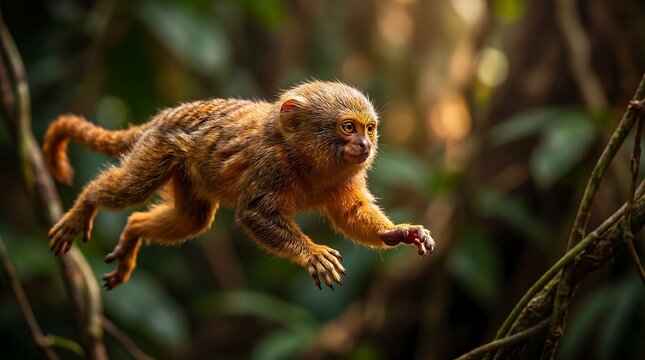 Pygmy marmoset monkey jumping in tropical rainforest wild nature