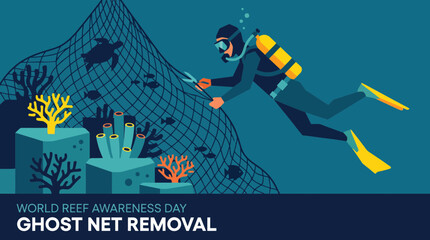 Fototapeta premium Scuba Diver Removing Ghost Net from Coral Reef Illustration