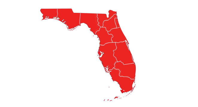 Florida Map Outline In Red With County Borders On White Background