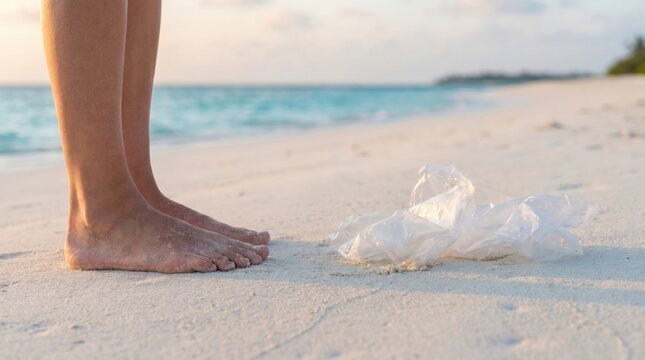 Barefoot person standing on sandy beach next to discarded plastic bottle, highlighting environmental pollution and ocean waste.