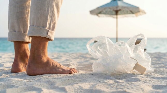 Barefoot person standing on sandy beach next to plastic waste and ocean pollution.