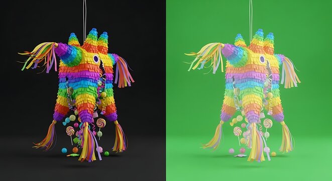Colorful pi?ata with candy, on dark and green backgrounds