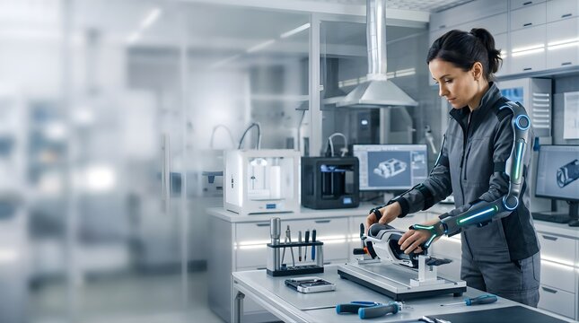Engineer wearing robotic exoskeleton arm working on prototype in laboratory