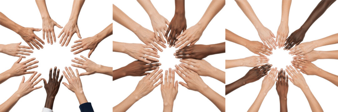 Set and collection of group of diverse human hands stacked together isolated on white background