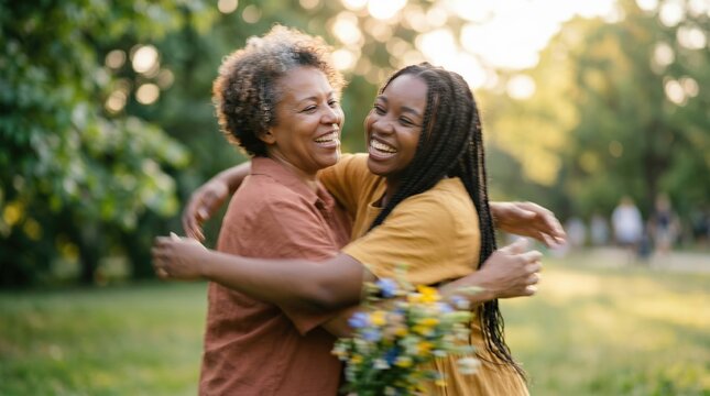 Happy African American mother and adult daughter hugging in a sunny park, intergenerational family connection, joyful reunion, authentic love and support, emotional bonding