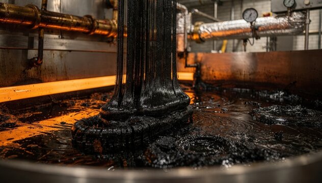 Closeup of soft pitch production from coal tar distillation highlighting the viscous texture and temperature control in an industrial refinery.