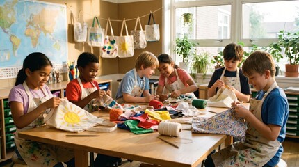 Obraz premium Diverse group of young children engaged in a creative art and craft activity in a bright classroom setting, making fabric bags.