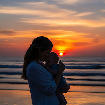 Mother holding baby silhouette against vibrant sunset on beach